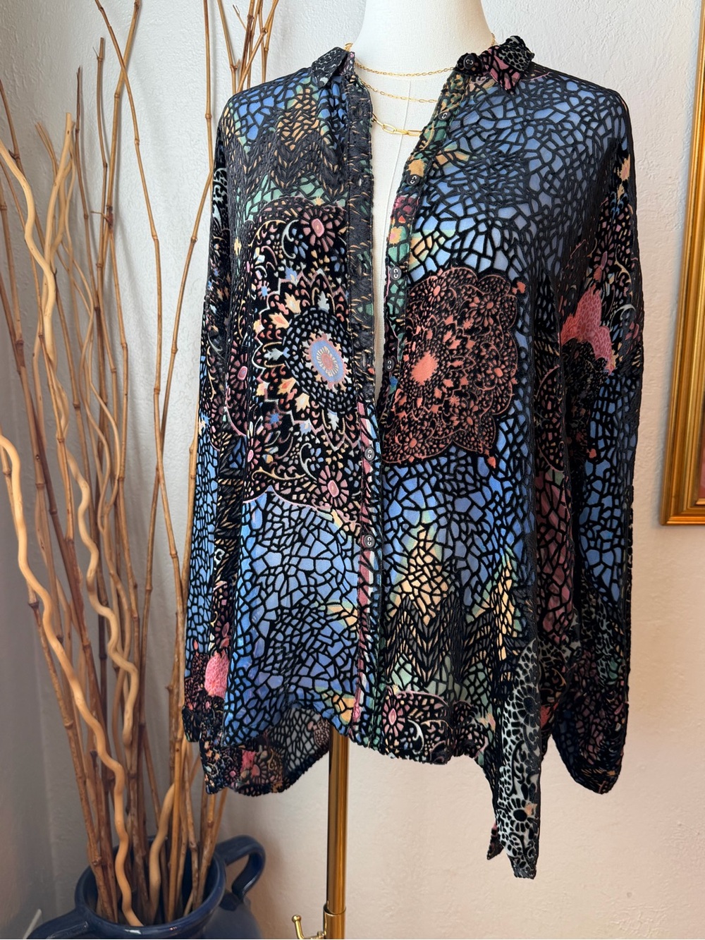 Stunning NWT Johnny Was Women's Oversized Silk Burnout Blouse Medium